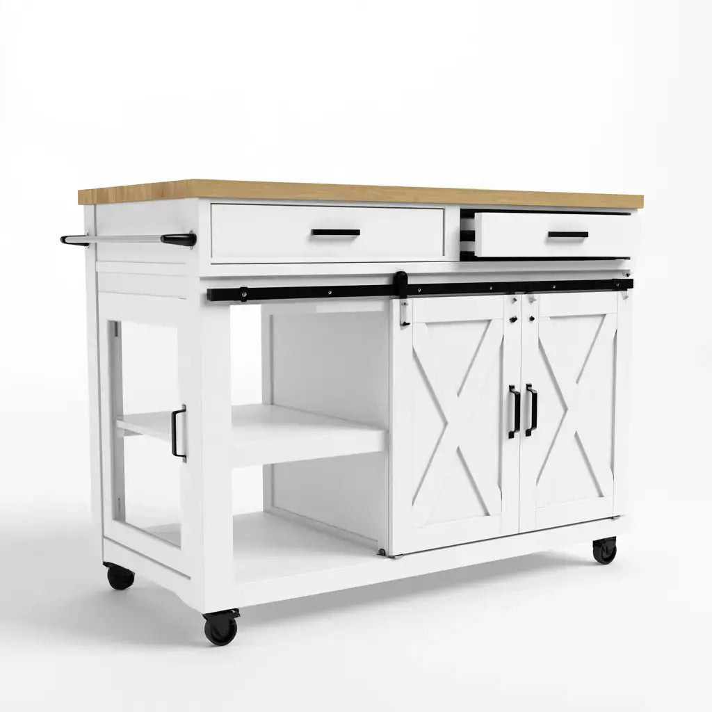 Isla de cocina con puertas cruzadas y estantes laterales - blanco/beige
