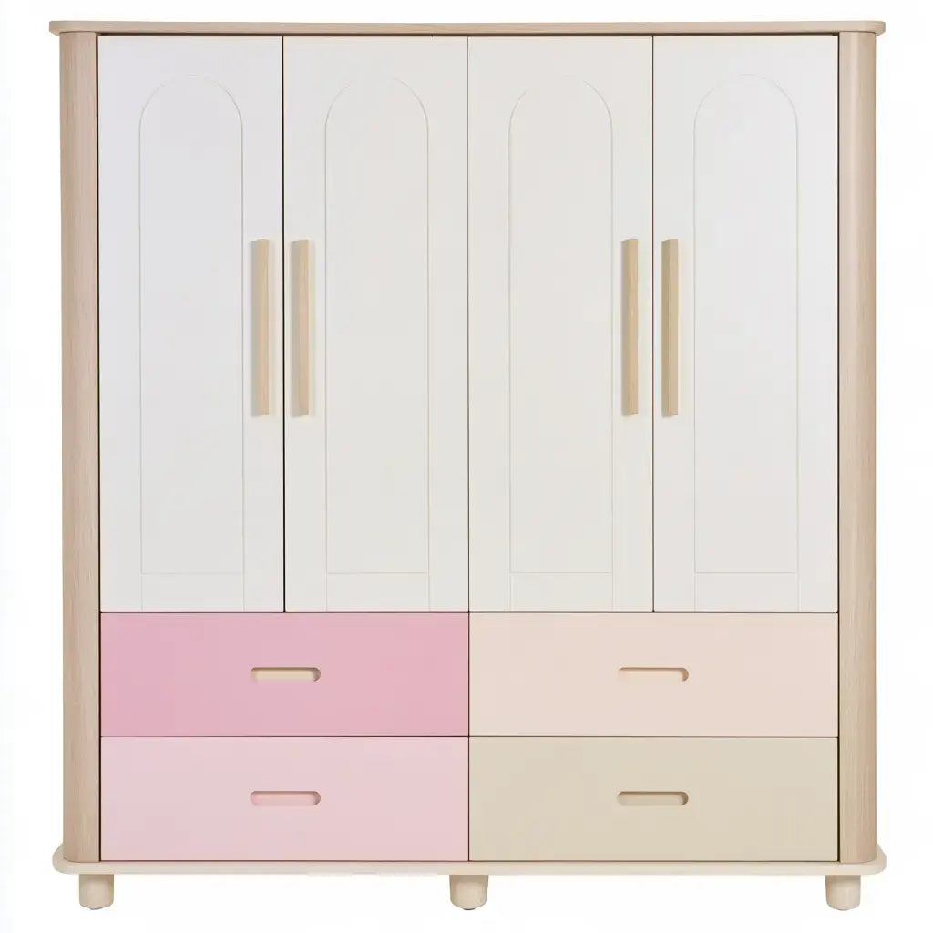 Armario con puertas lisas y cajones contrastados - blanco/rosa/beige